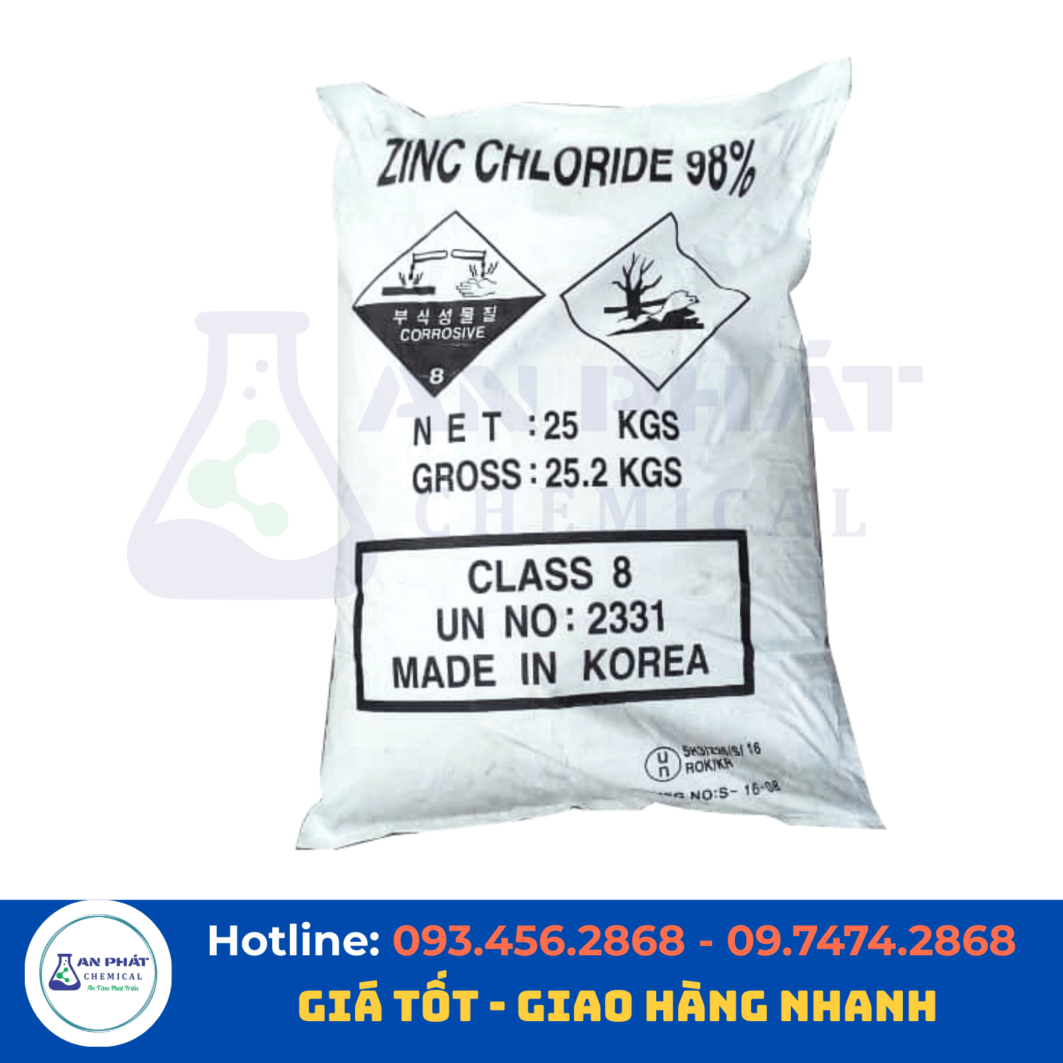 Kẽm clorua ZnCl₂ 98% – Trung Quốc, 25 kg/bao